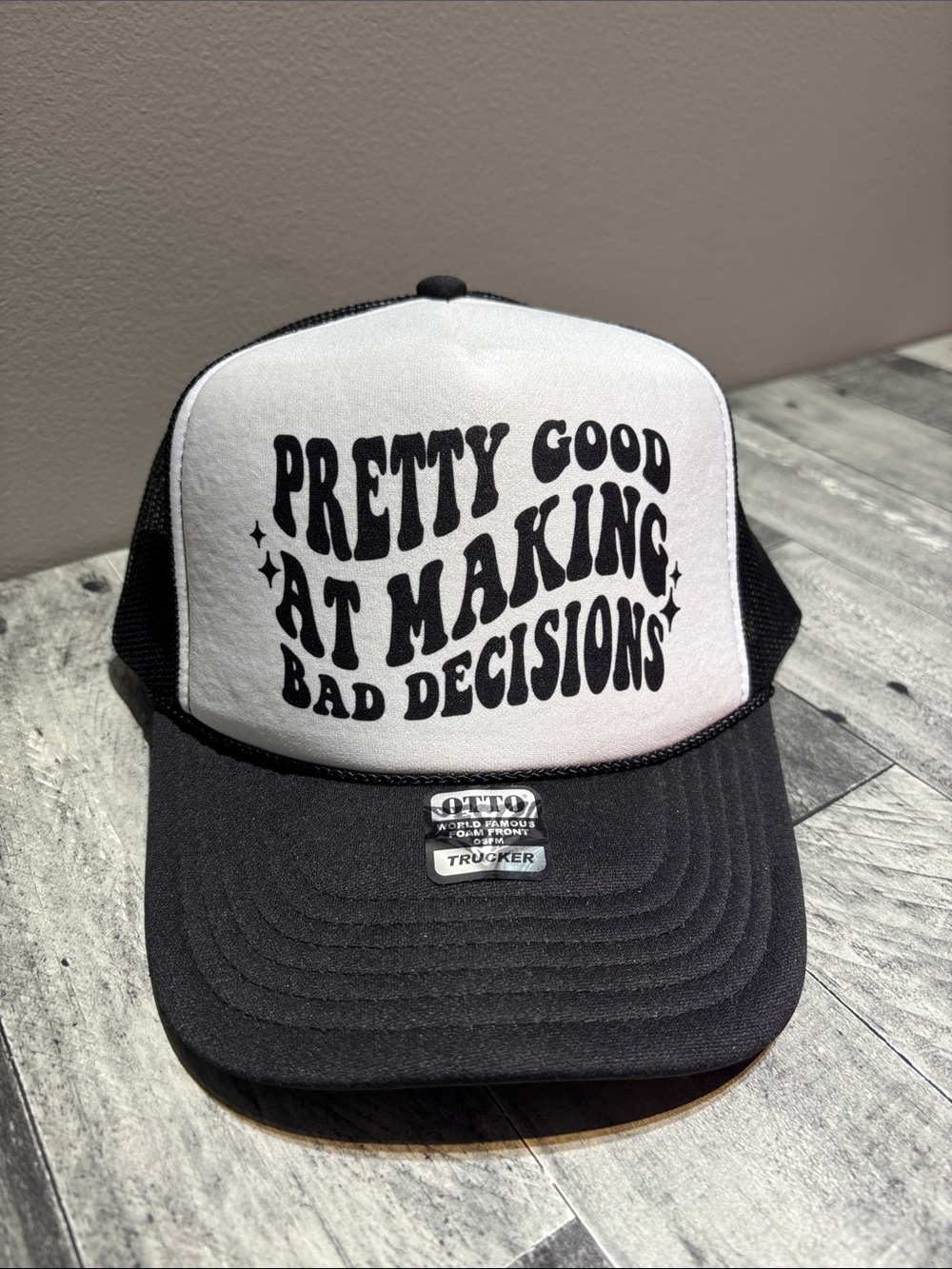 Pretty Good At Making Bad Decisions Trucker Hat - Black & White